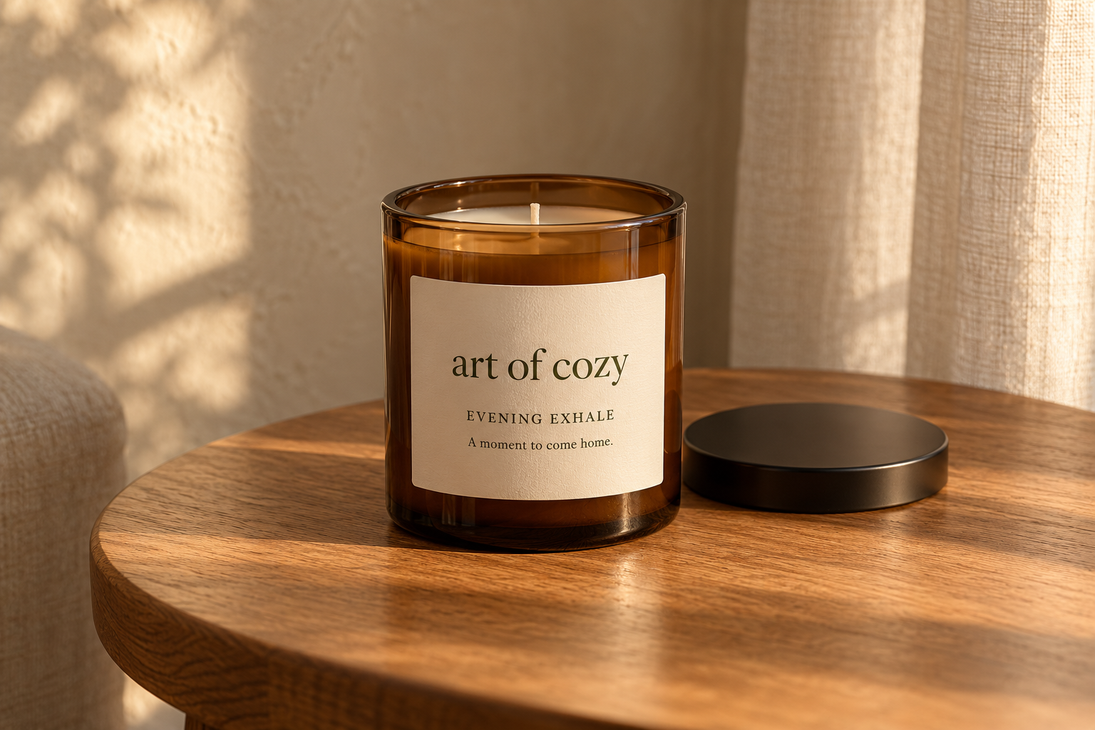AI-generated Art of Cozy concept: The Evening Exhale Candle, amber glass · a quieter evening