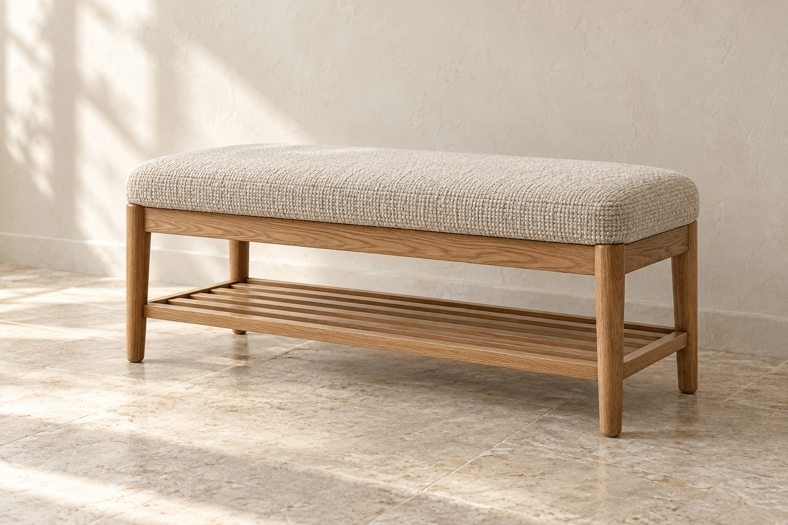 AI-generated concept visualization of The Landing Bench: soft seating · an open shelf