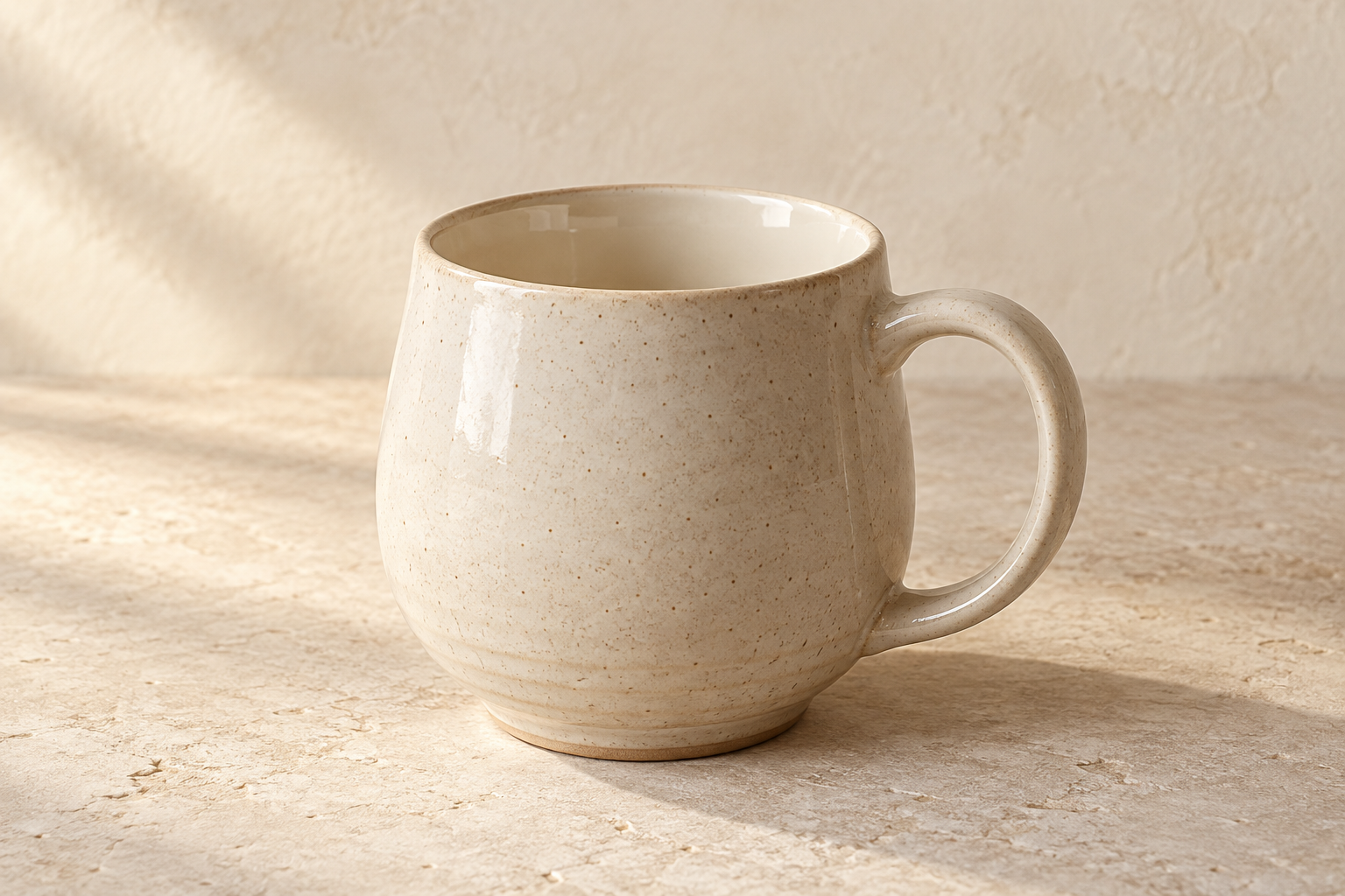 AI-generated concept visualization of The First Light Mug: rounded ceramic · oatmeal glaze