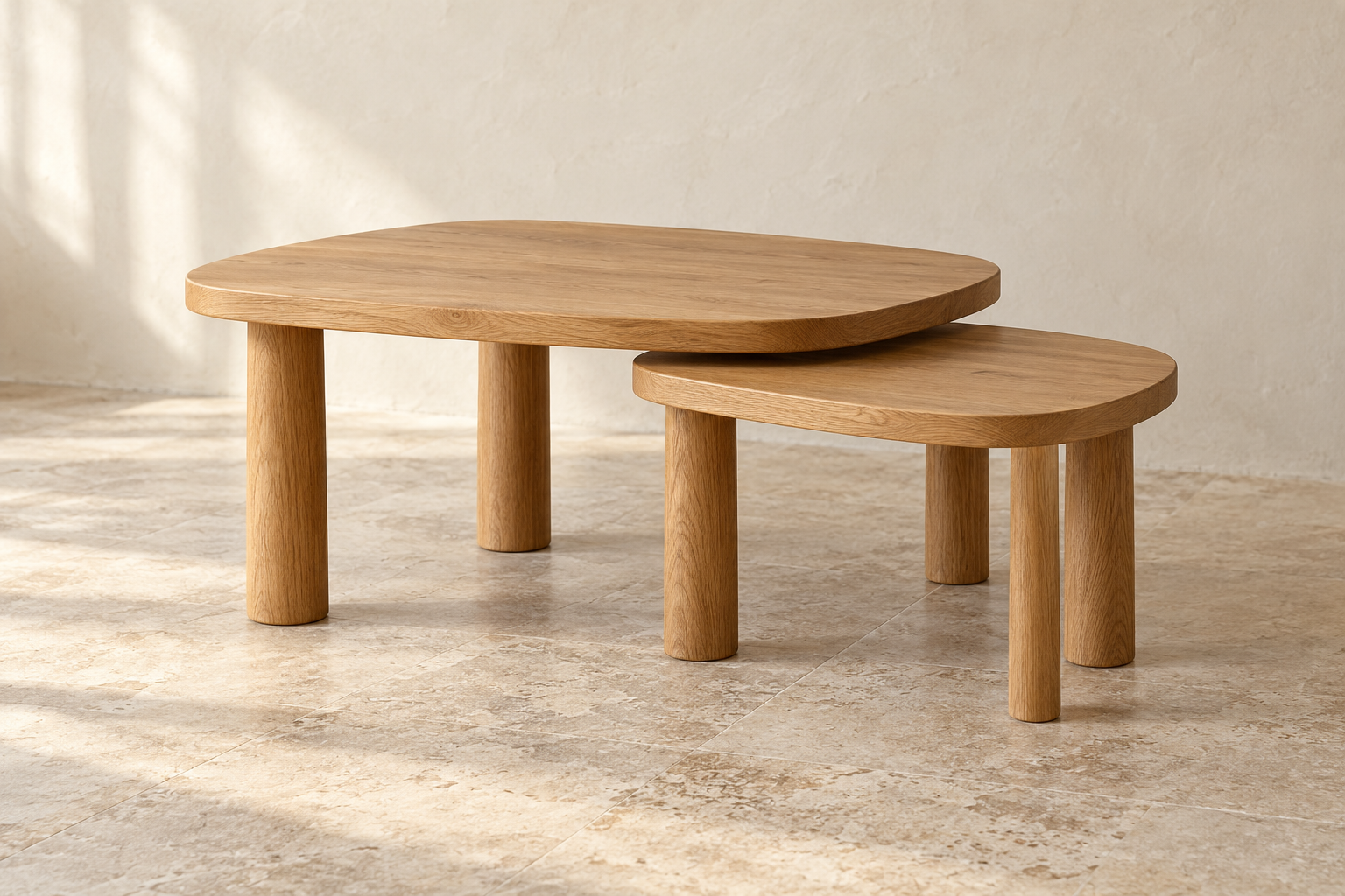 AI-generated concept visualization of The Nesting Tables: warm wood · flexible living