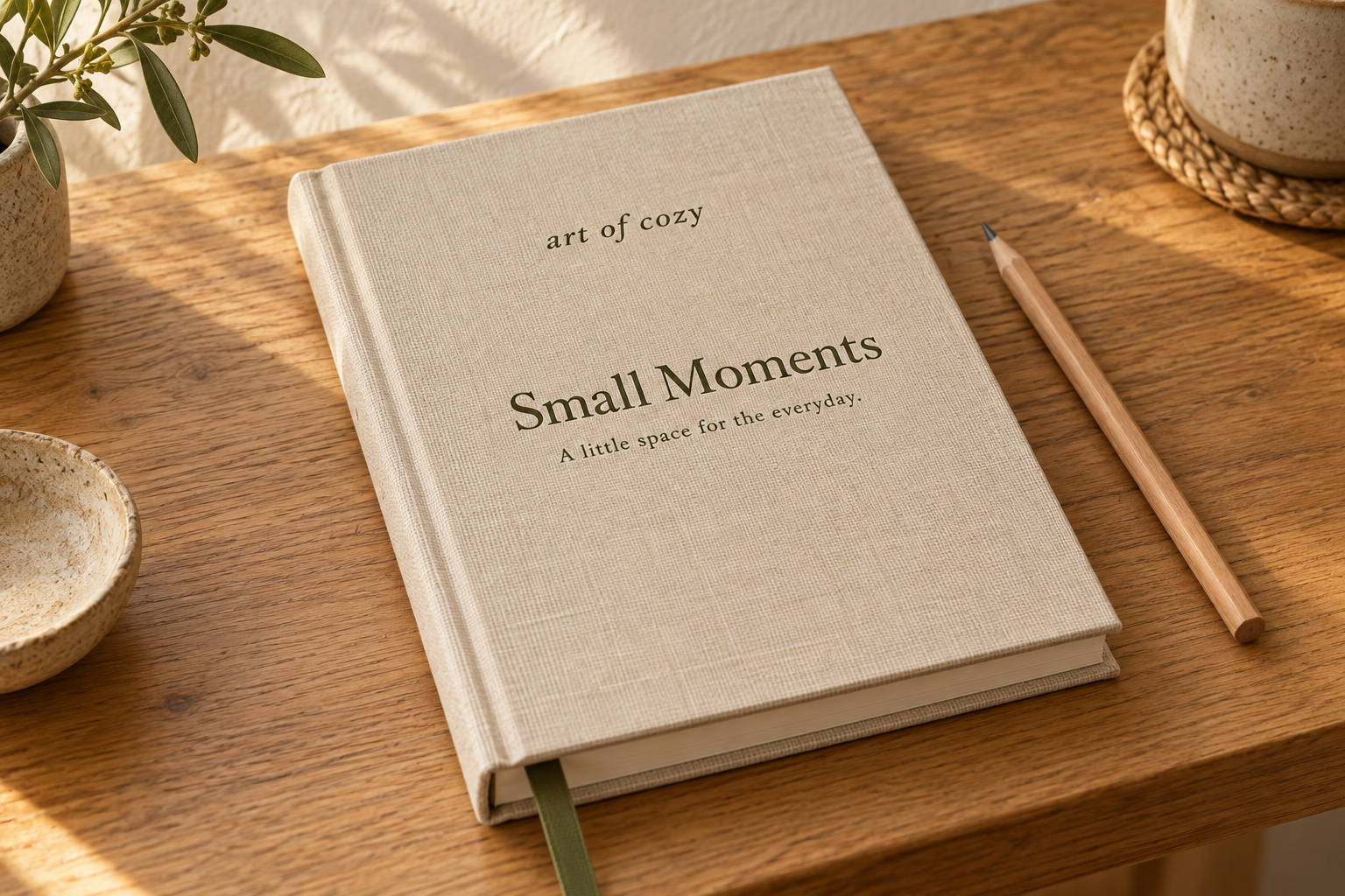 AI-generated Art of Cozy concept: The Small Moments Journal, oatmeal cover · room for your words