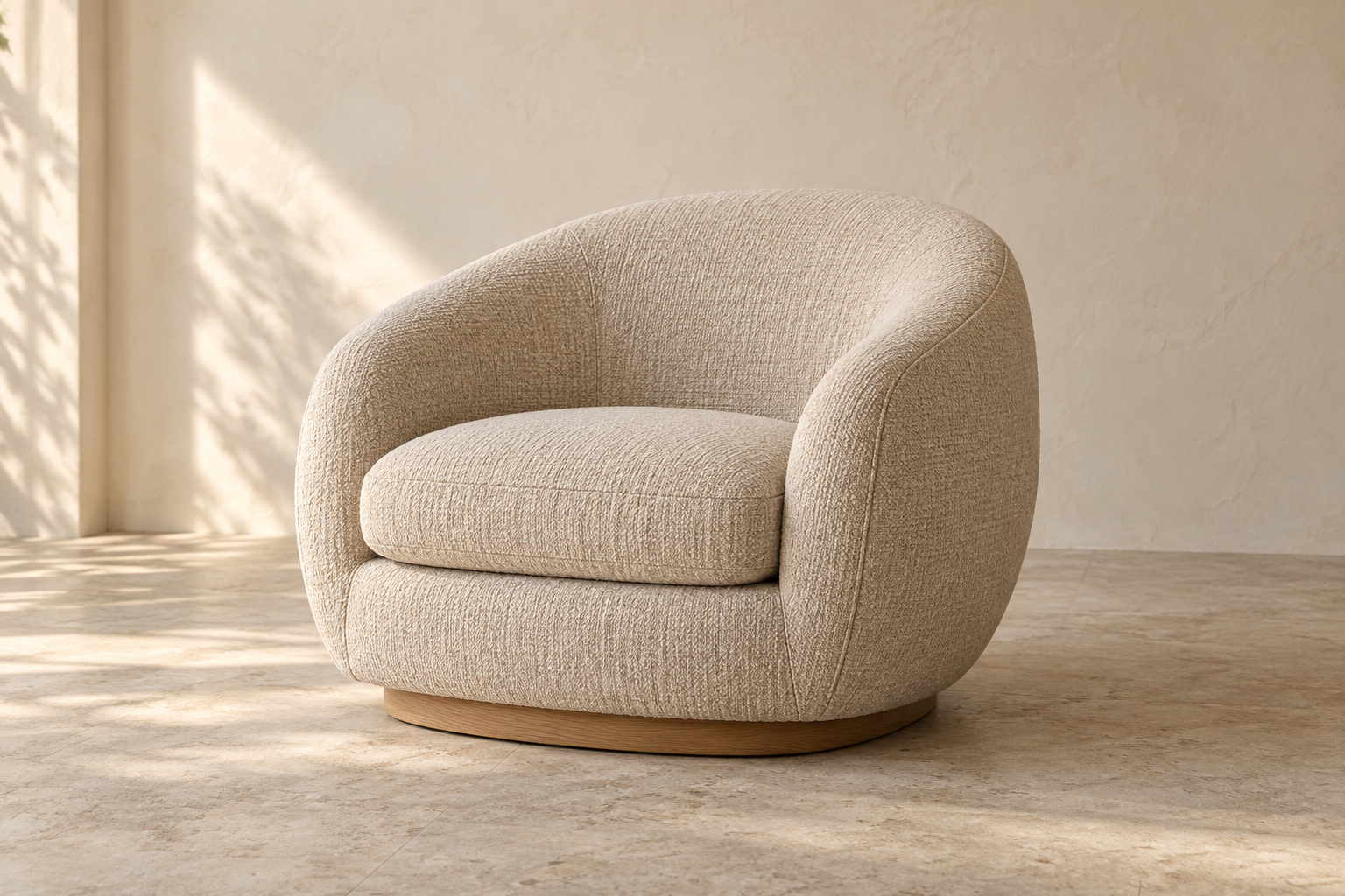AI-generated concept visualization of The Sunday Chair: rounded forms · oatmeal texture