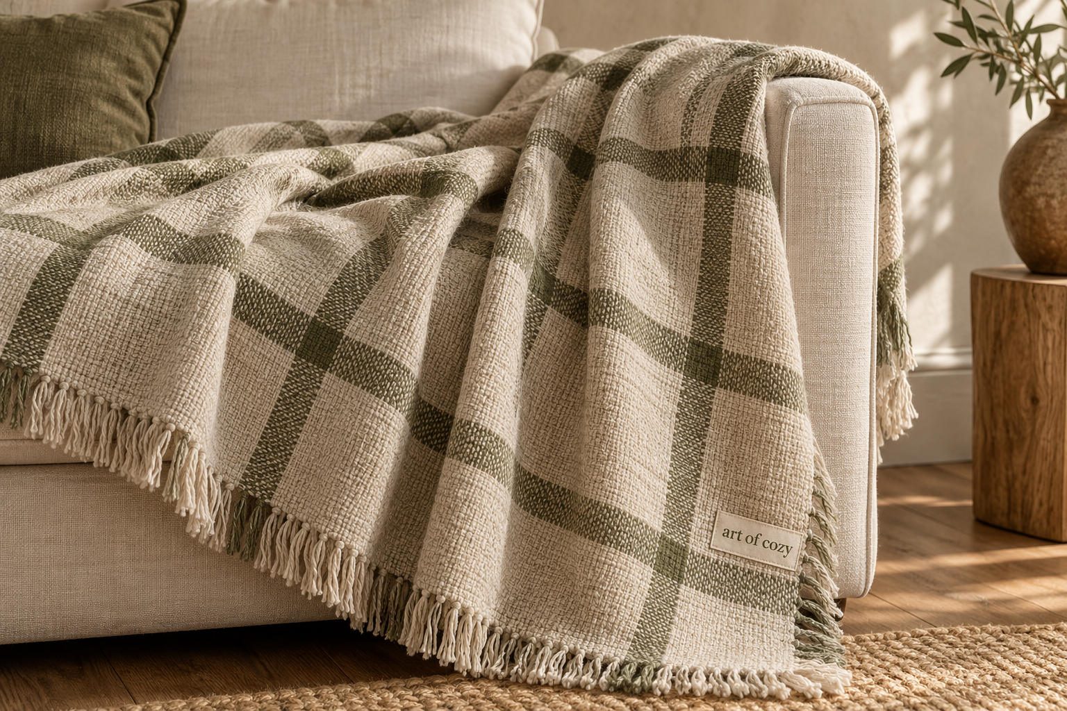 AI-generated Art of Cozy concept: The Sunday Pause Throw, oatmeal & olive · a woven embrace